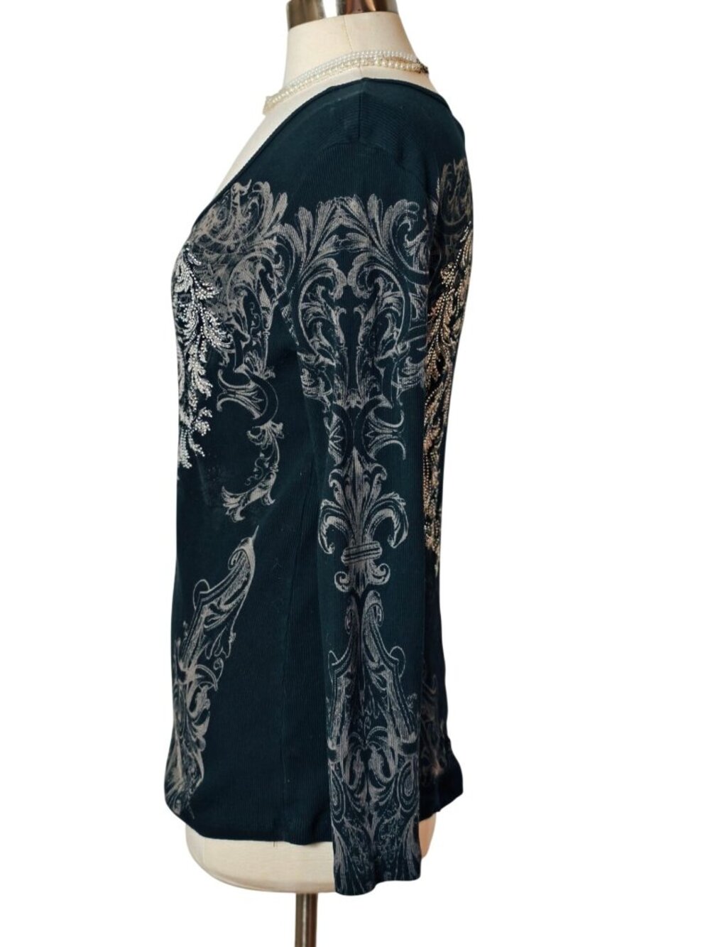 Vocal Womens XL Rhinestone Top Black Lng Slv Embellished Fleur-De-Lis Graphic - Picture 2 of 6